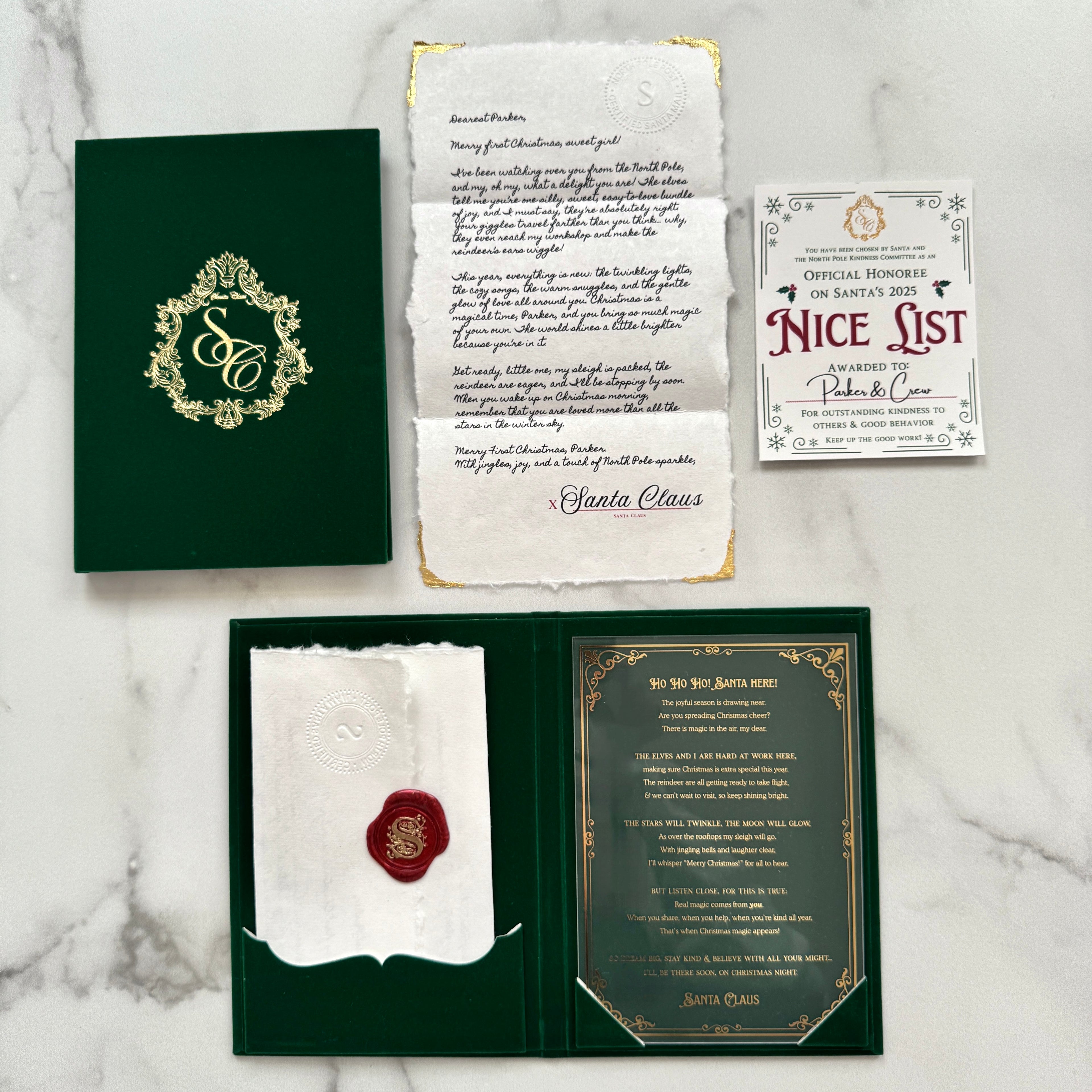Green Velvet Personalized Booklet & Letter From Santa